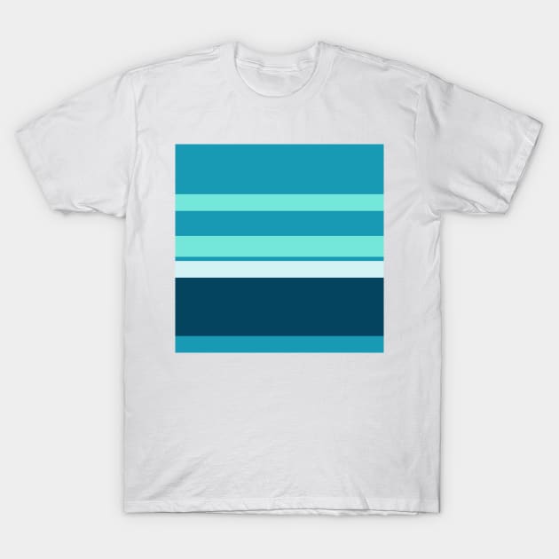 An incredible fuse of Ice, Tiffany Blue, Blue-Green and Midnight Green (Eagle Green) stripes. T-Shirt by Sociable Stripes